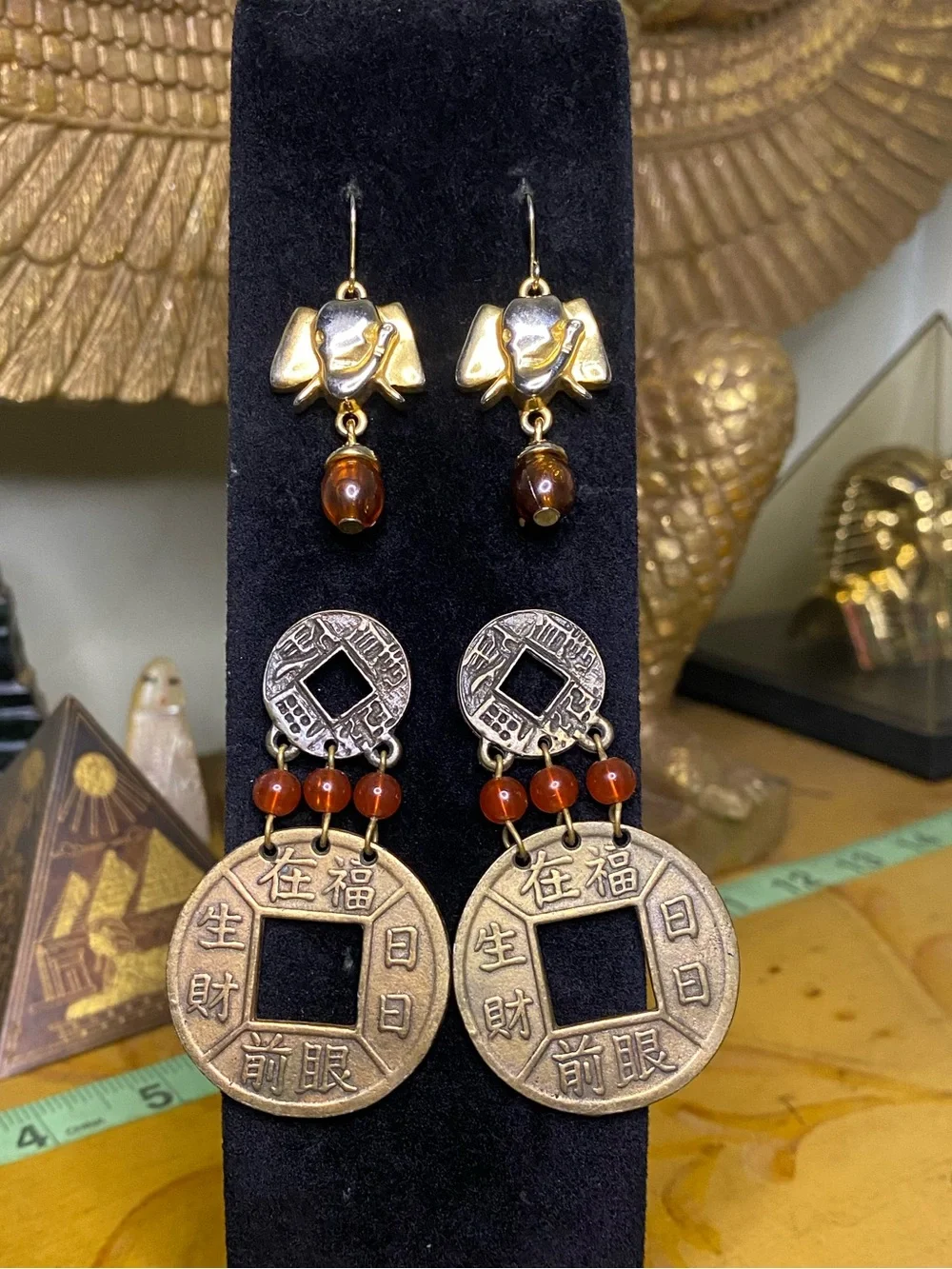 Vintage Chinese Coin Drop Earrings with Red Agate Beads